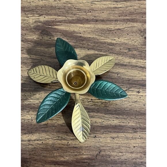 Brass Candle Holder with Green Magnolia Leafs Made in India Solid Brass - Picture 5 of 7